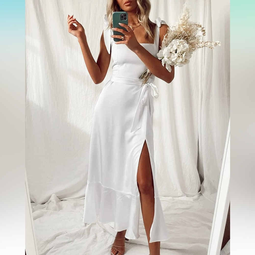 Tie Strap Square Neck Dress Elegant Slit Swing Midi Dresses for Wedding Guest